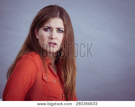 Angry, Pissed Off Young Woman. Attractive Female With Long Brown Hair Being Mad And Irritated Having