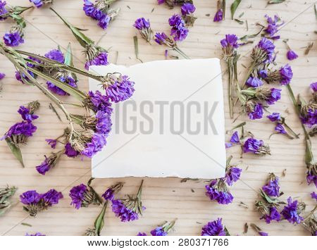 White Soap Bar On A Wooden Background With Violet Flovers Top View. Pure Natural Soap With Cedar Oil
