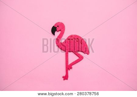 Red Flamingo On A Pink Background In Minimal Style.