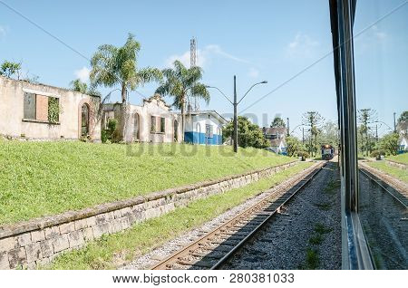Piraquara - Pr, Brazil - December 17, 2018: Passing On The Banhado Station On The Touristic Train Ri