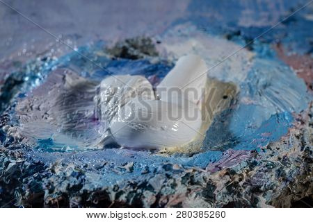 Oil Art Paints On A Very Old Palette. Close-up