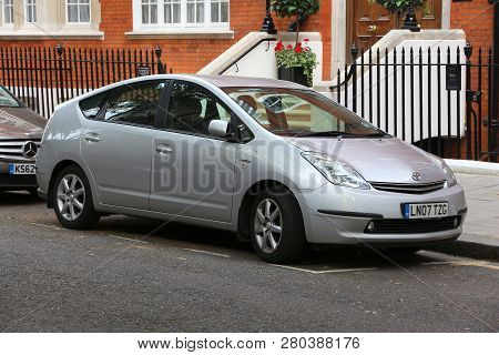 London, Uk - July 6, 2016: Toyota Prius Hybrid Hatchback Compact Car Parked In London, Uk. There Are