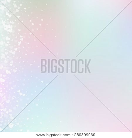 White Heart Love Confettis. Valentine Day Gradient Adorable Background. Falling Transparent Hearts C