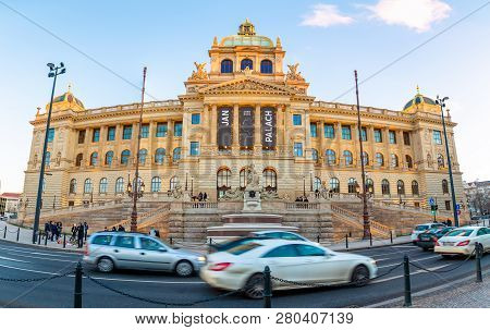 Prague, Czech Republic - 18.01.2019: Buildings Of Neorenaissance National Museum On Wenceslas Square