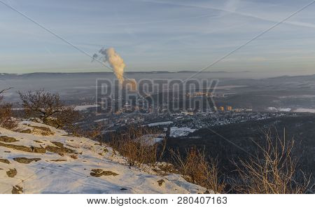 Sunrise On Boren Hill Near Bilina Town In Winter Frosty Color Morning