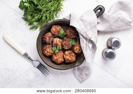 Homemade Beef Meatballs In Frypan On White Background