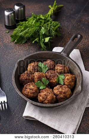 Homemade Beef Meatballs In Frypan. Top View