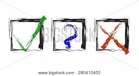 Blue Question, Red X And Green Tick Check Marks, Approval Signs Design. Red X And Green Ok Symbol Ic