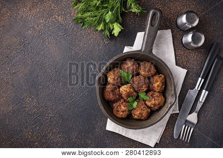 Homemade Beef Meatballs In Frypan. Top View