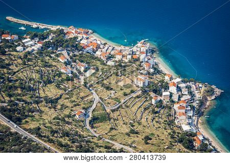 An Aerial View Of Village Of Drasnice Located On Makarska Riviera, Croatia