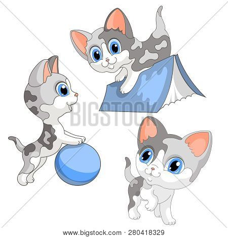 Kittens Play Ball Book Cartoon Vector Set