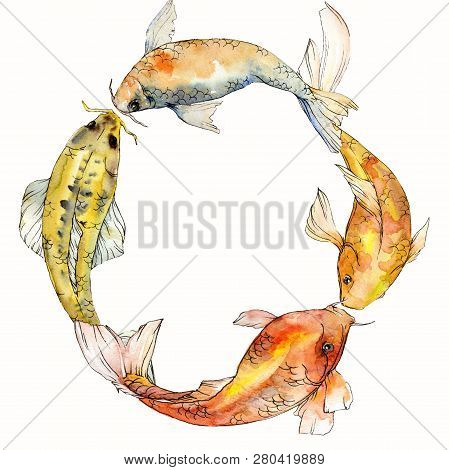 Watercolor Aquatic Underwater Tropical Fish Set. Red Sea And Exotic Fishes Inside: Goldfish. Frame B