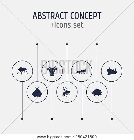Set Of 7 Zoo Icons Set. Collection Of Hedgehog, Wisp, Moth And Other Elements.