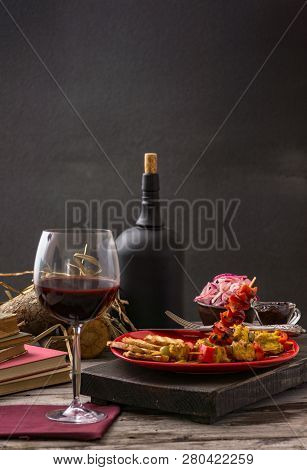 Traditional Dinner In A Country House. Meat With Vegetables And Bread. Hearty And Tasty Dish.menu Ba