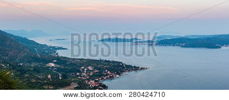Sea Twilight Panorama, Croatian Islands And Viganj Village On Seashore (peljesac Peninsula, Croatia)