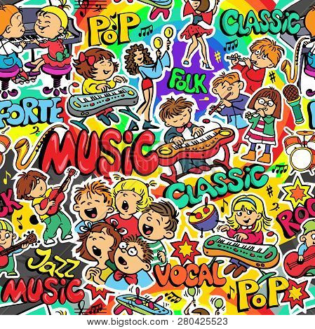 Vector. Seamless Pattern On A Theme Music. Set Of Objects. Vocal, Classical, Rock, Folk, Jazz, Pop.