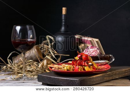 Traditional Dinner In A Country House. Meat With Vegetables And Bread. Hearty And Tasty Dish.menu Ba