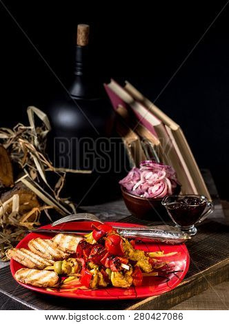 Traditional Dinner In A Country House. Meat With Vegetables And Bread. Hearty And Tasty Dish.menu Ba