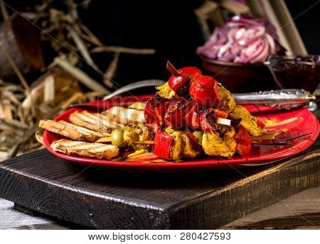 Traditional Dinner In A Country House. Meat With Vegetables And Bread. Hearty And Tasty Dish.menu Ba