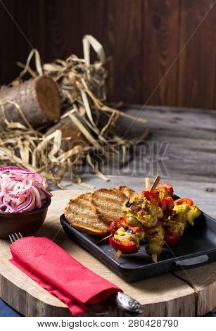 Fried Chicken And Vegetables In A Pan. Romantic Dinner In The Countryside House. Menu Background For