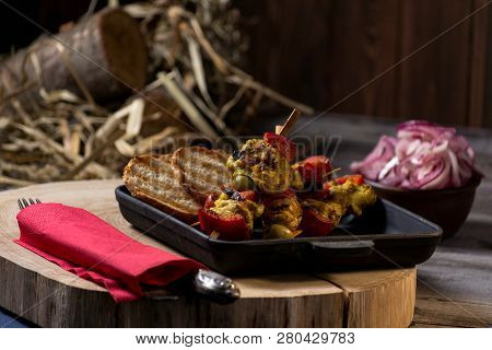 Traditional Dinner In A Country House. Meat With Vegetables And Bread. Hearty And Tasty Dish.menu Ba