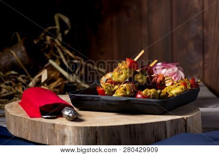 Traditional Dinner In A Country House. Meat With Vegetables And Bread. Hearty And Tasty Dish.menu Ba