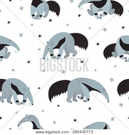 Seamless Pattern With Cute Cartoon Blue Ant-eater And Stars. Baby Print.