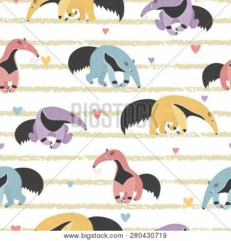 Seamless Vector Pattern With Cute Colorful Ant-eater On Striped Background.