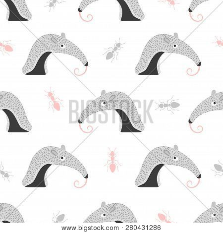 Seamless Pattern With Cute Ant-eater And Ants. Baby Print.