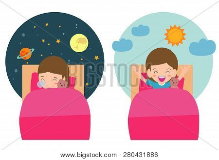 Vector Illustration Of Kid Sleeping And Waking, Child Sleeping On Tonight Dreams, Good Night And Swe