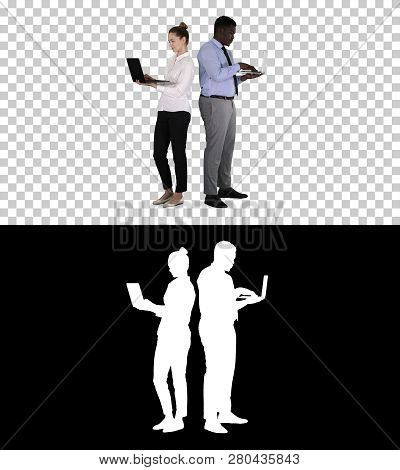 Couple Back To Back Standing And Working On Laptops, Alpha Channel