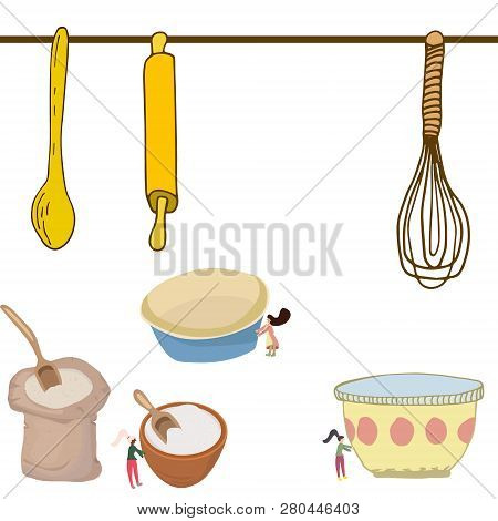 Kitchen Set With Mixing Spoon, Bowl, Flour, Rolling Pin, Whisk, Mixing Bowl, Sugar Bowl And Flour Sa
