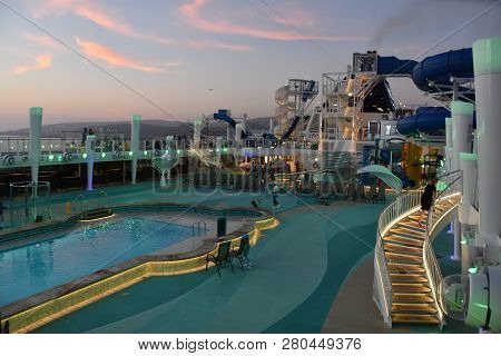 Ensenada, Mexico - Oct 25: Pool Deck On The Norwegian Bliss Cruise Ship, Docked In Ensenada, Mexico,