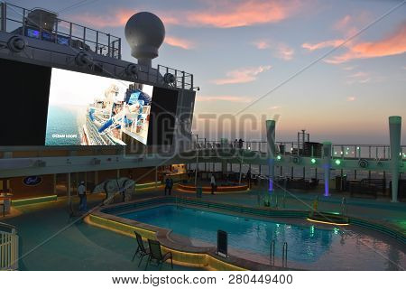 Ensenada, Mexico - Oct 25: Pool Deck On The Norwegian Bliss Cruise Ship, Docked In Ensenada, Mexico,
