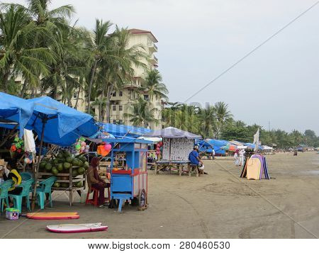 Anyer, Indonesia - June 26, 2018: Street Stalls Around The Sambolo Beach Anyer Selling Clothes And F