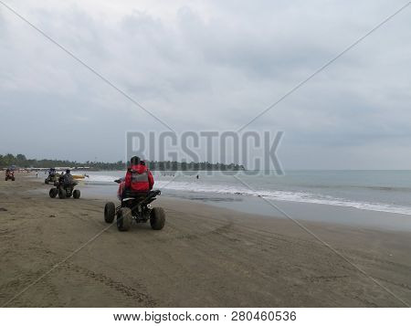 Anyer, Indonesia - June 26, 2018: Many People Getting Activities On Sambolo Beach.