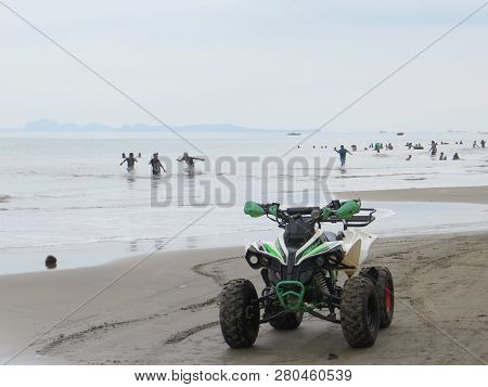 Anyer, Indonesia - June 26, 2018: Many People Getting Activities On Sambolo Beach.