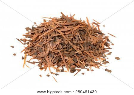 Heap of Lapacho tea or Taheeboo isolated on white background