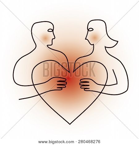 Shy Young Couple,line Art Symbol With Heart.
Shy Young Couple With Red Faces And A Heart.vector Avai