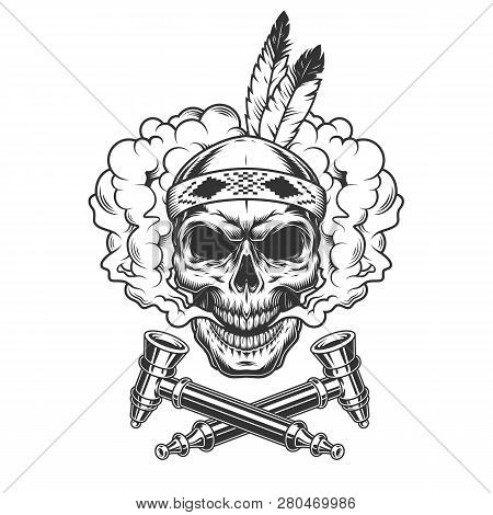 Native Indian Warrior Skull With Feathers In Smoke Cloud With Crossed Smoking Pipes In Vintage Monoc