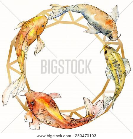 Watercolor Aquatic Underwater Tropical Fish Set. Red Sea And Exotic Fishes Inside: Goldfish. Frame B