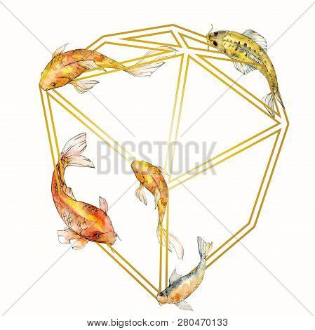 Watercolor Aquatic Underwater Tropical Fish Set. Red Sea And Exotic Fishes Inside: Goldfish. Frame B
