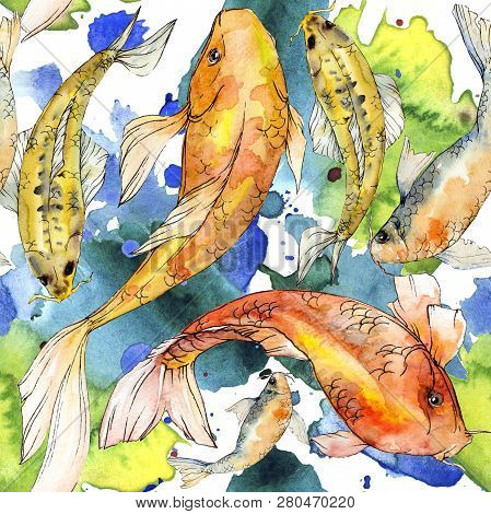 Watercolor Aquatic Underwater Colorful Tropical Fish Set. Red Sea And Exotic Fishes Inside: Golden F