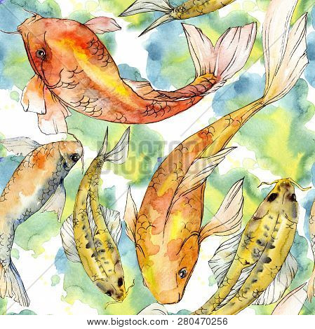 Watercolor Aquatic Underwater Colorful Tropical Fish Set. Red Sea And Exotic Fishes Inside: Golden F