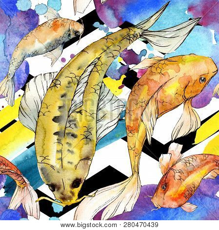 Watercolor Aquatic Underwater Colorful Tropical Fish Set. Red Sea And Exotic Fishes Inside: Golden F