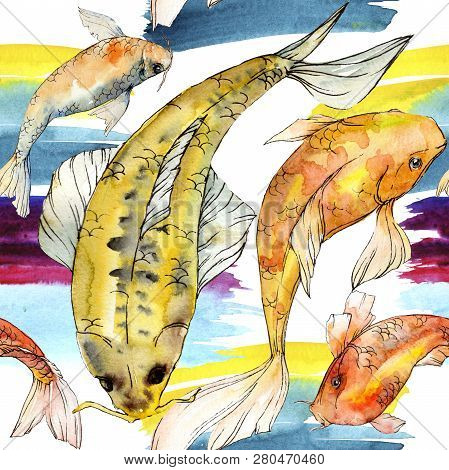 Watercolor Aquatic Underwater Colorful Tropical Fish Set. Red Sea And Exotic Fishes Inside: Golden F