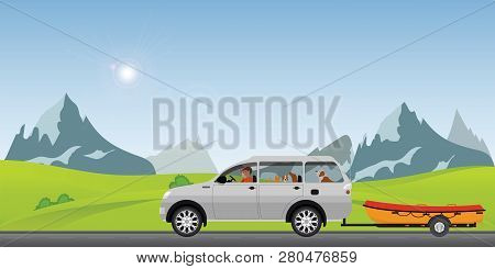 Boat Towing Car On Road Running Along On A Sunny Spring Day In The Holiday, Family Vacation Travel, 