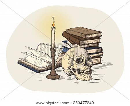 Handmade Colorull Sketch Death Concept Human Skull On Old Books Near Candle On Dark Background Vecto