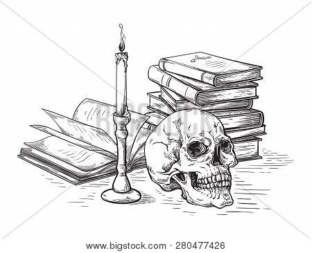 Handmade Sketch Death Concept Human Skull On Old Books Near Candle On Dark Background Vector