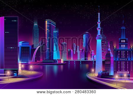 Vector Modern Megapolis On River At Night. Contemporary Architecture - Bright Glowing Buildings, Boa